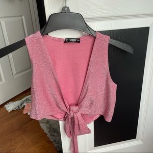 Sparkly Tie Front Pink Glitter Crop Tank